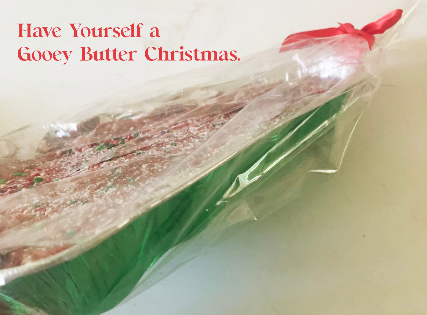 Have Yourself a Gooey Butter Christmas —Tree-Shaped Tin — Red Velvet Gooey Butter Cake with Sprinkles