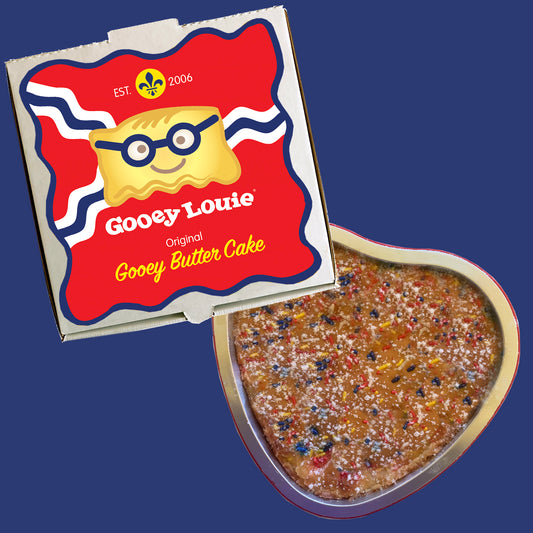 STL FLAG BOX with Heart Shaped St Louis Gooey Butter Cake topped STL Sprinkles