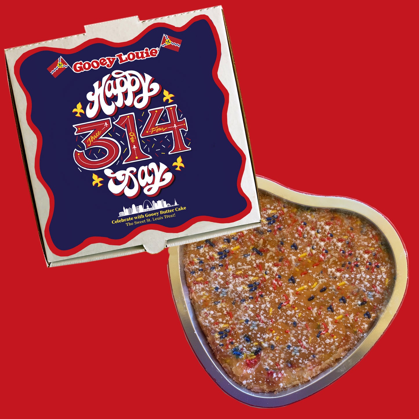 314 Day Heart Shaped St Louis Gooey Butter Cake with 314 Day Sprinkles