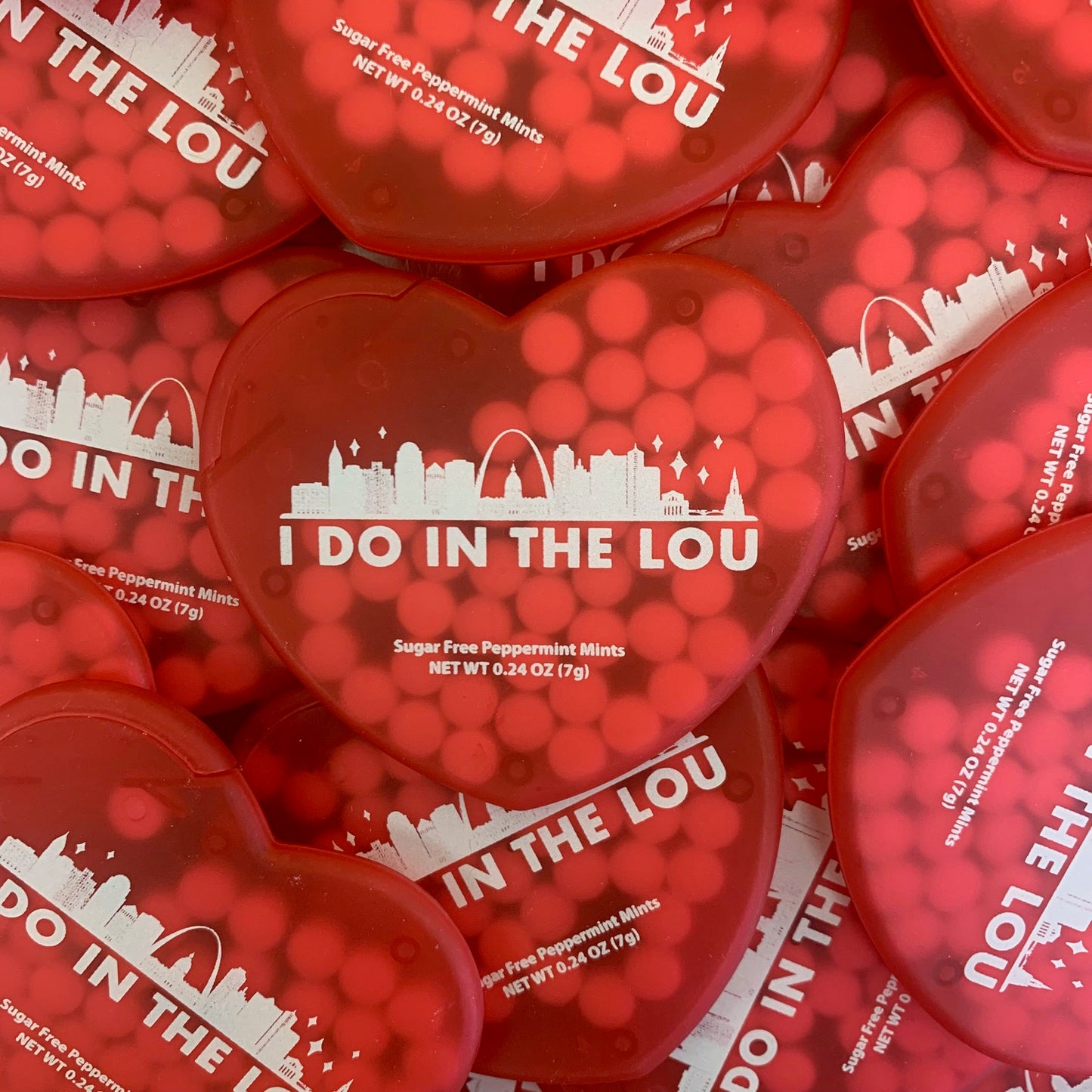 "I DO IN THE LOU" St. Louis Themed Heart Mint Case with Mints for St. Louis Wedding Welcome Bags gift