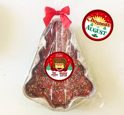 Have Yourself a Gooey Butter Christmas —Tree-Shaped Tin — Red Velvet Gooey Butter Cake with Sprinkles