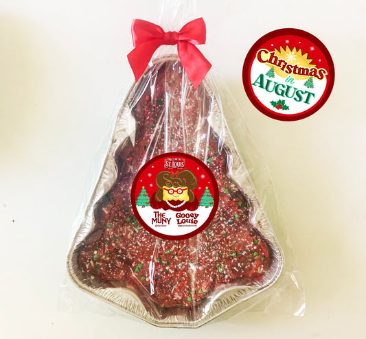 Have Yourself a Gooey Butter Christmas —Tree-Shaped Tin — Red Velvet Gooey Butter Cake with Sprinkles