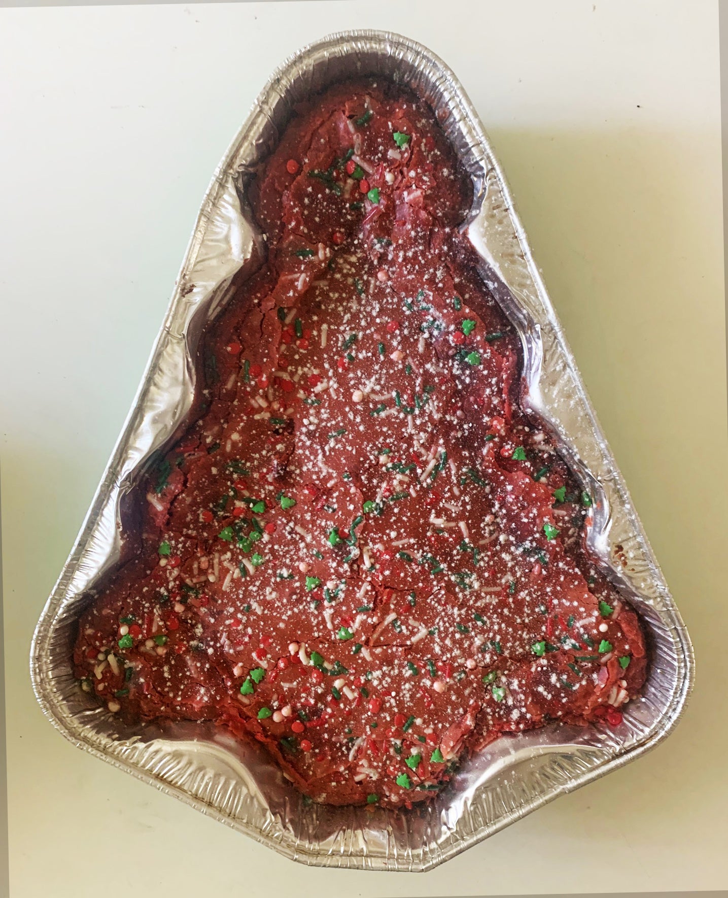 Have Yourself a Gooey Butter Christmas —Tree-Shaped Tin — Red Velvet Gooey Butter Cake with Sprinkles