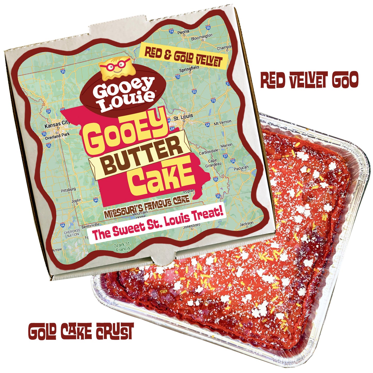 RED & GOLD VELVET Gooey Louie Gooey Butter Cake Missouri BIG GAME Gift Box LOCAL PICKUP